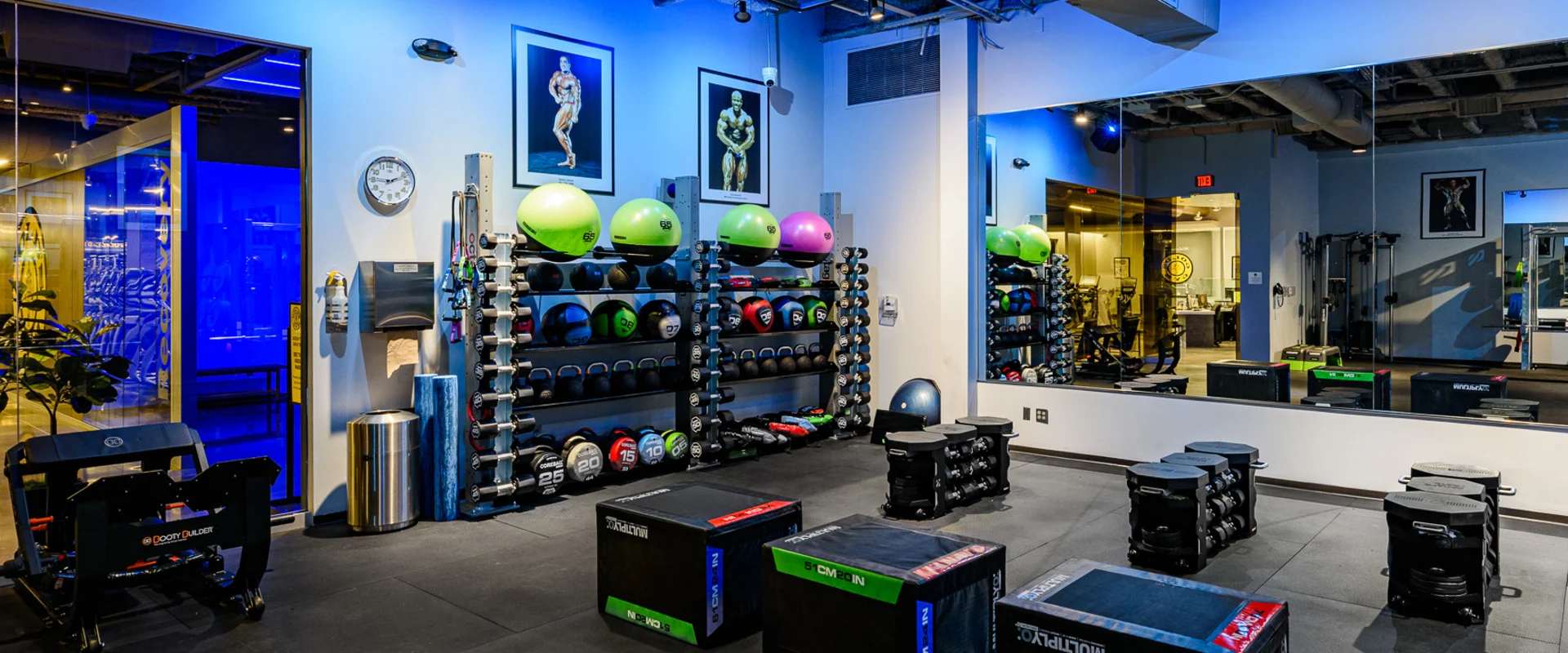 Gold’s Gym Thousand Oaks functional training area with black rubber flooring and a variety of equipment. In the center, padded plyometric boxes are arranged on the floor. A mirrored wall reflects the space, showing additional equipment. Against the wall, a rack holds stability balls, medicine balls, dumbbells, and weighted bags. Framed bodybuilding posters are mounted above the rack. To the left, a glass partition separates the area from the main gym floor, with blue accent lighting visible through the doorway.