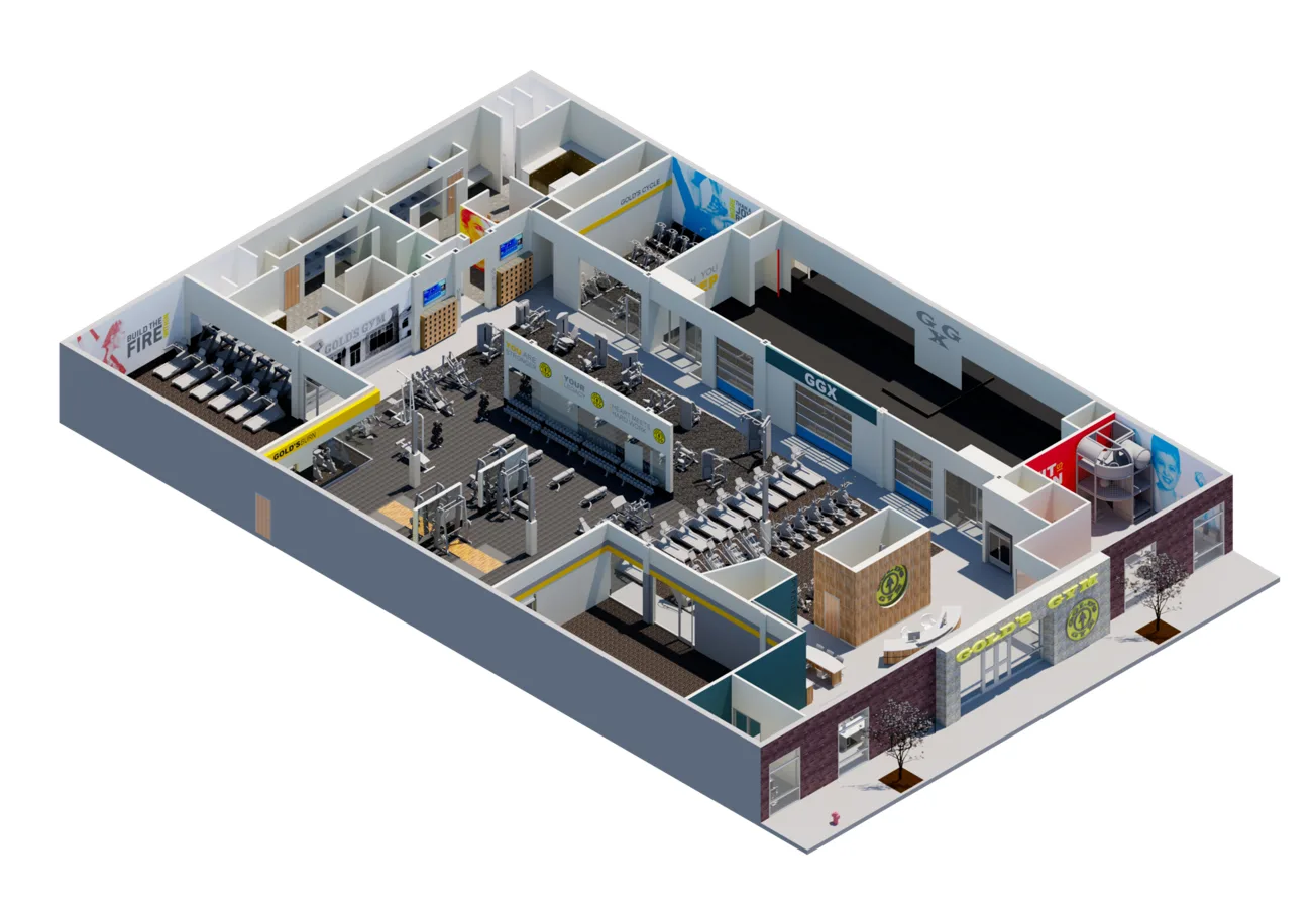 A detailed isometric view of a multi-level office or commercial space, featuring various rooms, workstations, and amenities arranged in a complex layout.