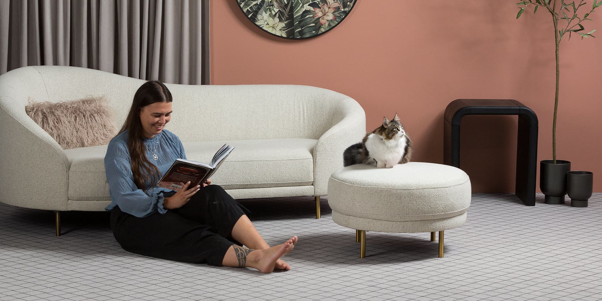 Artisan Axminster Carpet with woman and cat.