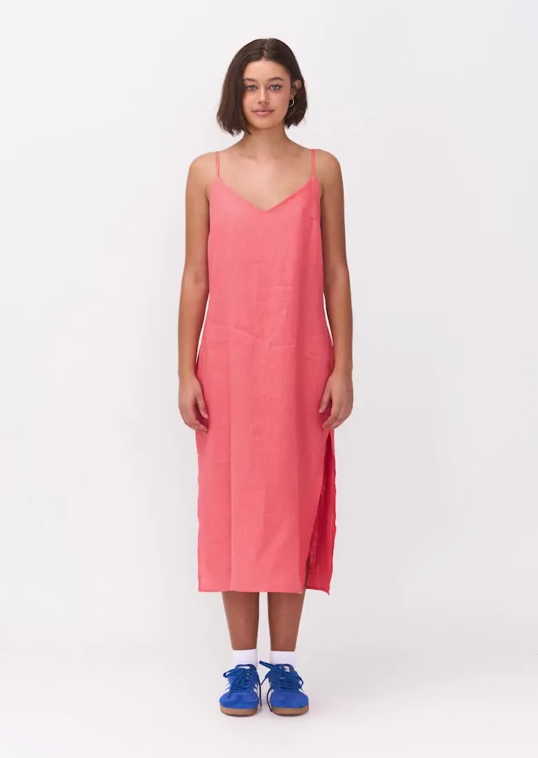 Linen Midi Dress in Bright Coral | Ghanda Clothing Linen Midi Dress in Bright Coral | Ghanda Clothing