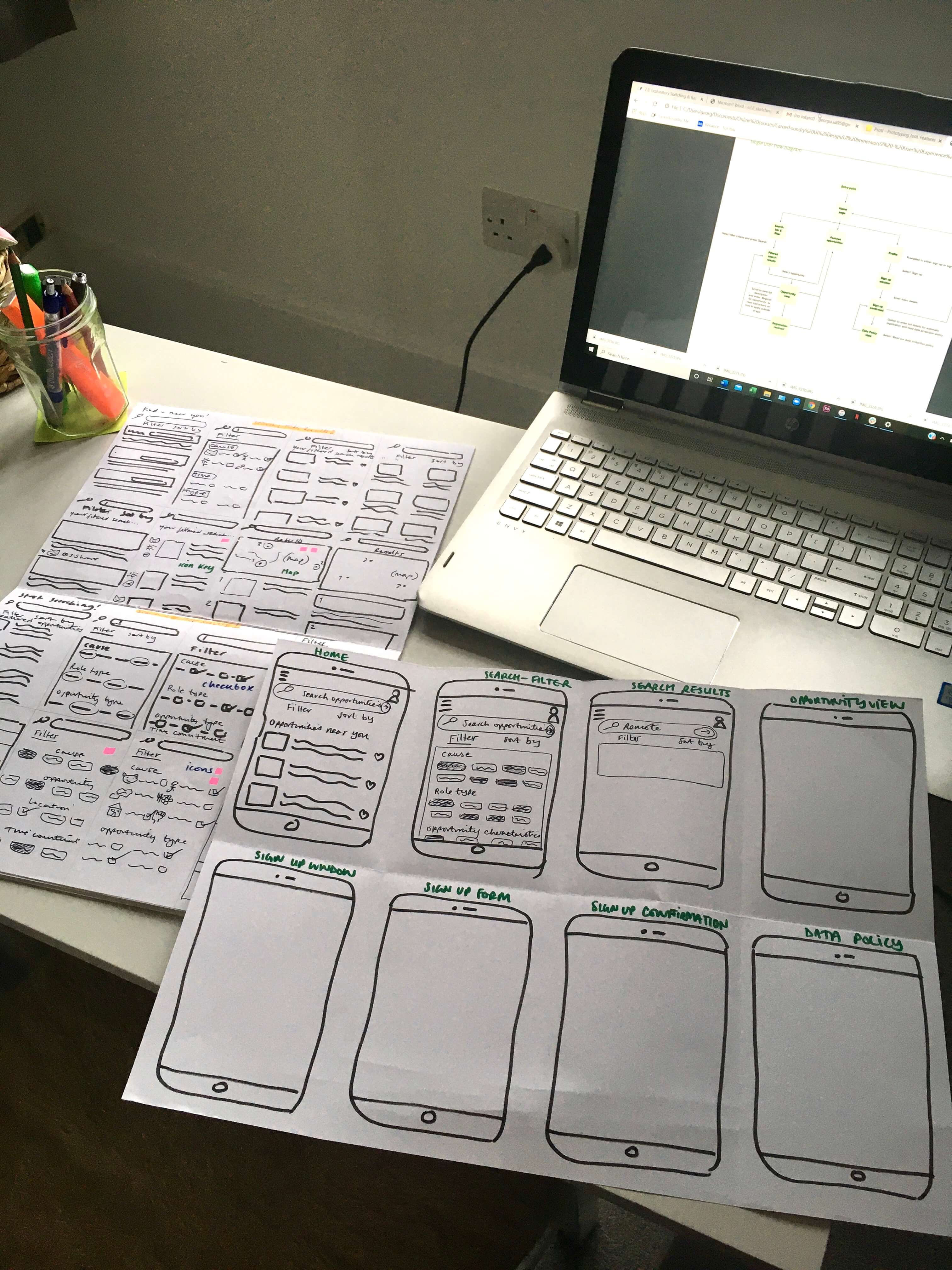 Image of my paper sketches laid out on my desk