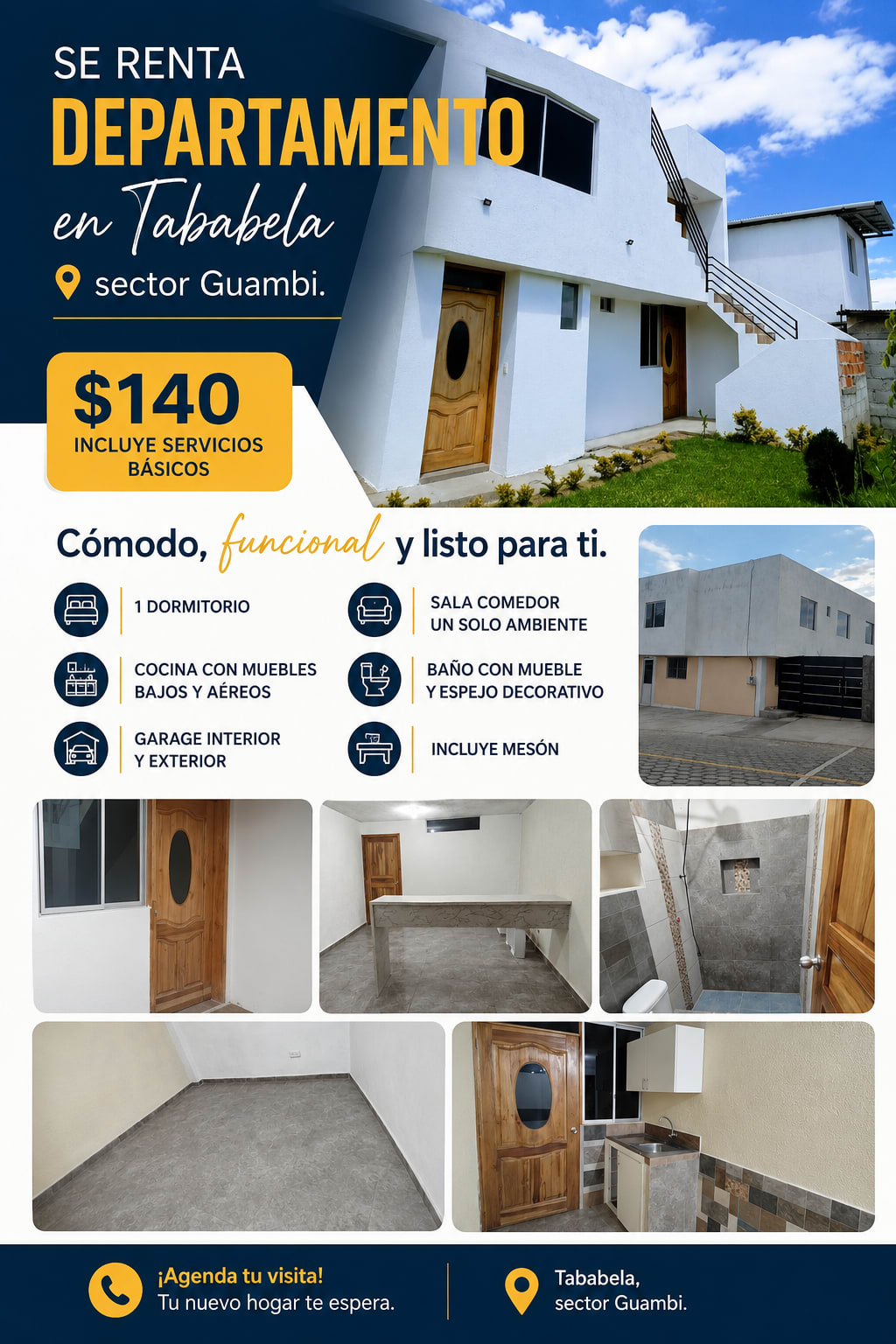 Mini departamento de un dormitorio, sala y comedor un solo ambiente, baño independiente. Incluye muebles en la cocina y baño.