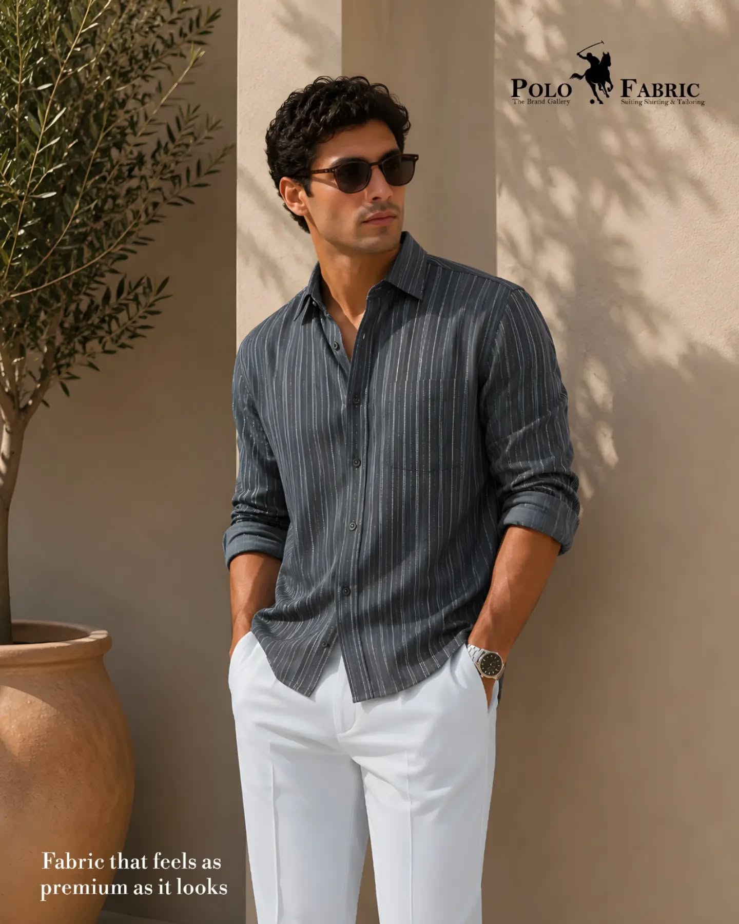 Folded premium men's shirts in ivory, sand and charcoal