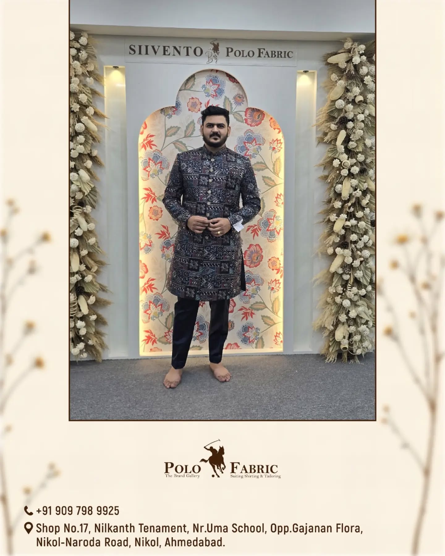Man wearing a charcoal shirt and tailored trousers from Polo Fabric men's wear, Ahmedabad