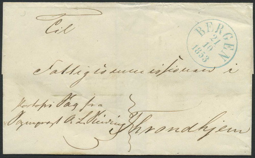 Norway prestamp 11: 05A. BERGEN 1853.10.21 (t.1) (blue).