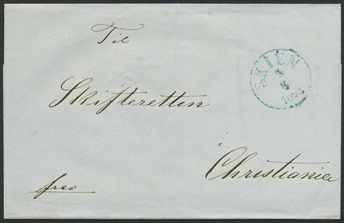 Norway prestamp 11: 39. SKIEN 1852.08.03 (blue)