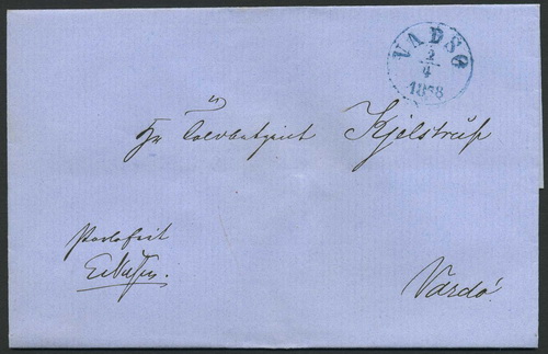 Norway old covers 14: VADSOE 1858.04.02 (blue), Official.