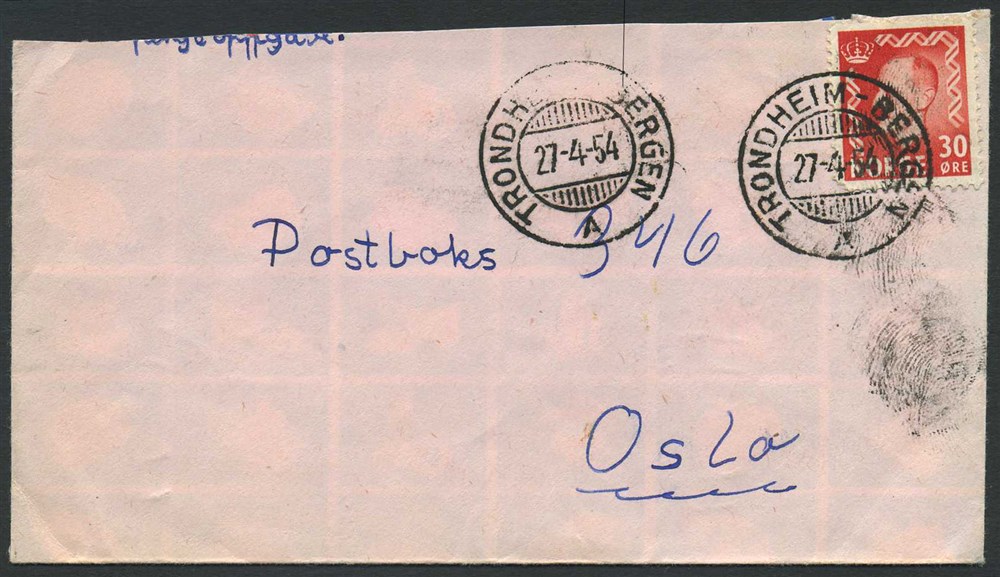 Norway ship mail: 04I 07. TRONDHEIM-BERGEN A 1954.04.27