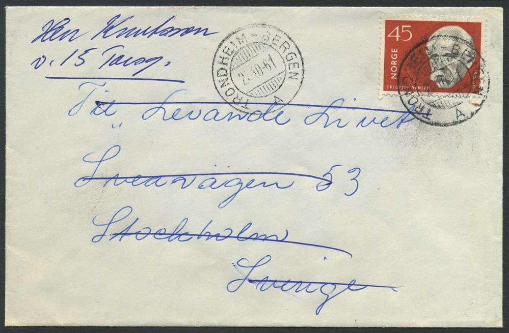 Norway ship mail: 04I 07. TRONDHEIM-BERGEN A 1961.10.25