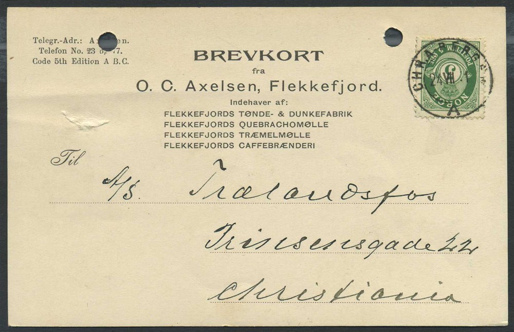 Norway ship mail: 05B 04 CHR.A-BERGEN A 1911.07.24