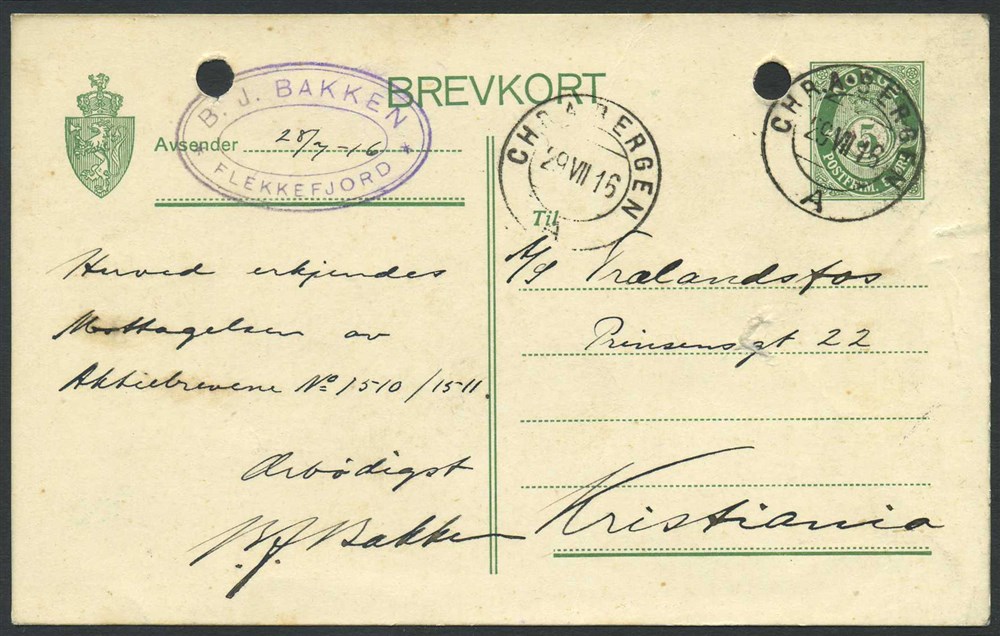 Norway ship mail: 05B 04 CHR.A-BERGEN A 1916.07.29