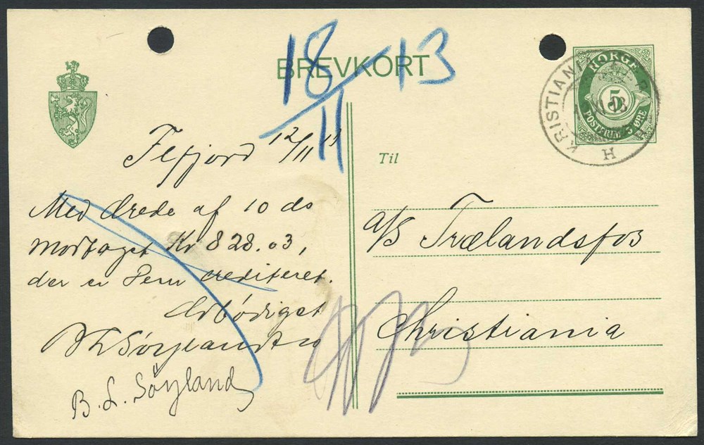 Norway ship mail: 05B 11 KRISTIANIA-BERGEN H 1913.11.12