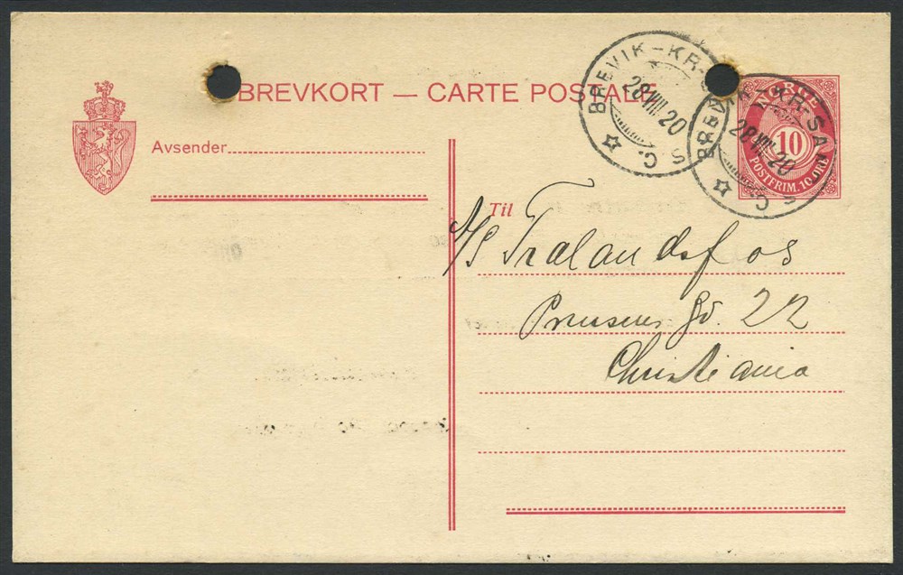 Norway ship mail: 05D 03 BREVIK-KR.SAND.S C 1920.08.28