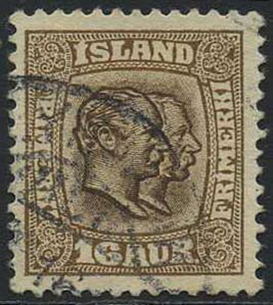 Iceland stamps: 0083. 16 aur Two Kings 1907-08. Fine used. (Facit 330)