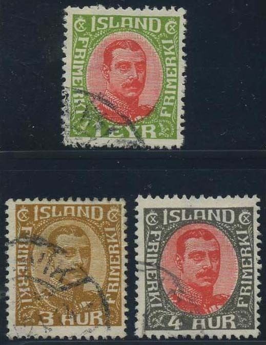 Iceland stamps: 0124-26. Christian X 1920-22. 3 stamps: 1, 3 and 4 aur. (F 182)