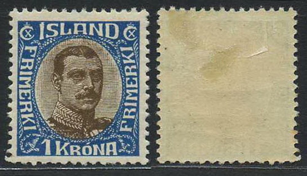 Iceland stamps: 0142. * 1 kr Christian X 1920-22. Fine. Large hinge remain.