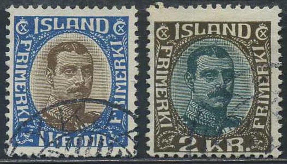 Iceland stamps: 0142-43. 1 and 2 kr Christian X 1920-22. Vf. (Facit 315)