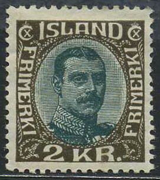 Iceland stamps: 0143. * 2 kr Christian X 1920-22. Fine. M.h. Large hinge remain