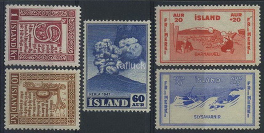 Iceland stamps: 0201-02,285,323,325. ** Lot 5 stamps 1933-53. Mnh, vf. (F 244)