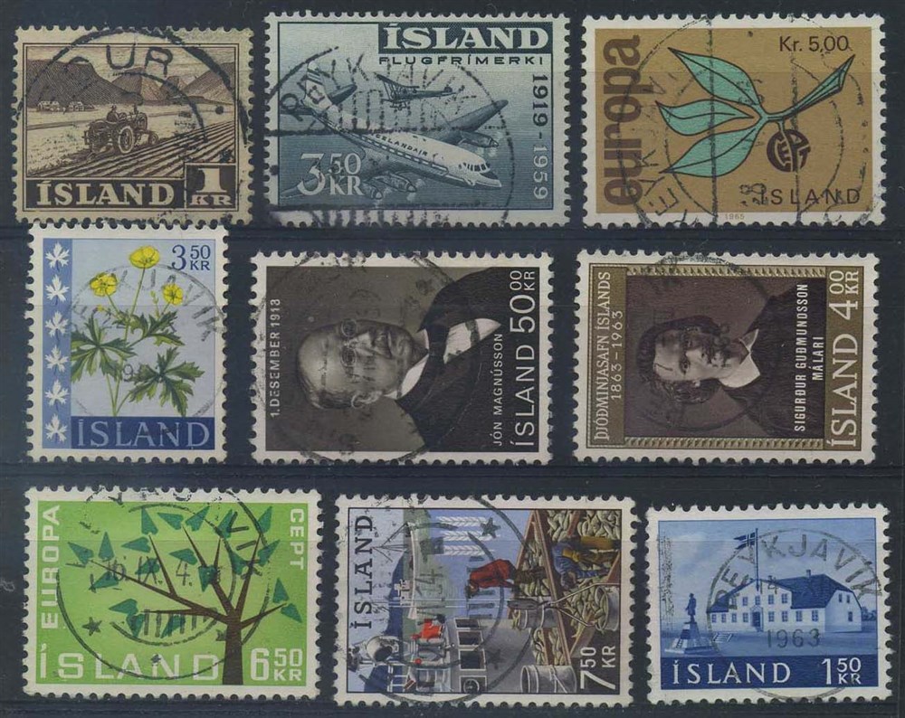 Iceland stamps:. Lot 9 stamps with nice cancellations.