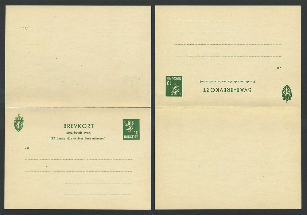 Norway stationaries: BK 107. * 10+10 ø double card 1944. Unused. Vf.