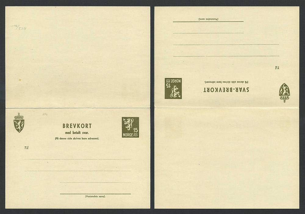 Norway stationaries: BK 115 I. * 15+15 ø double card 1945. Unused. Vf.