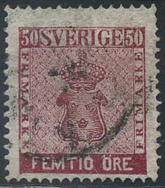 Sweden stamps: 0012a. 50 ö viol.tinged carmine 1858-65.