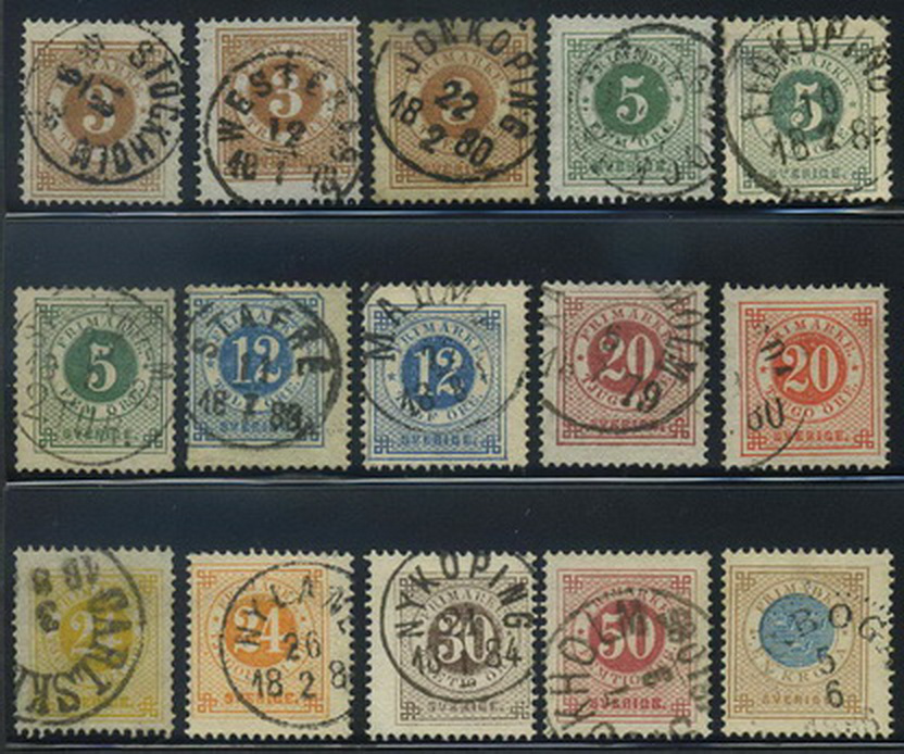 Sweden stamps: 0028/38. Lot 15 stamps perf.13.