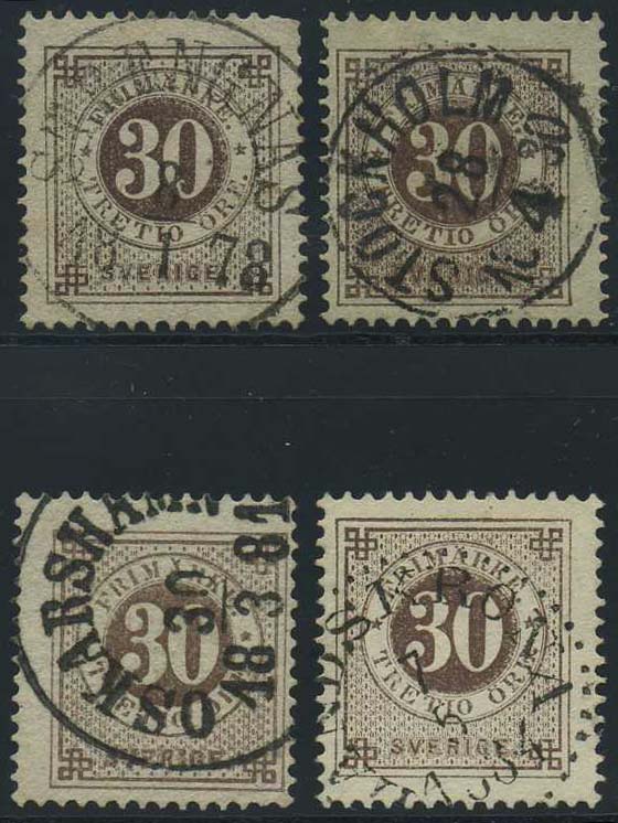 Sweden stamps: 0035a,d,f,h. Lot 4 different shades.