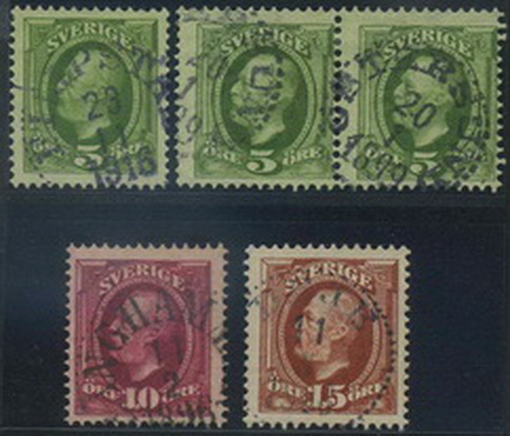 Sweden stamps: 0052,54-55v1. Lot 5 stamps with inv.wmk.