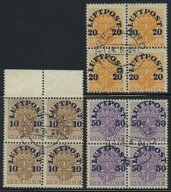 Sweden stamps: 0136-38. Airmail provisionals in 4-bl.