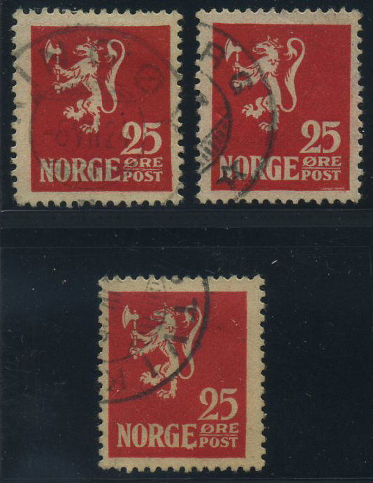 Norway varieties: 0128. 25 ø 1923, group of 3 stamps