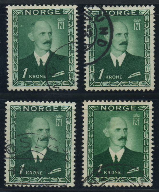 Norway varieties: 0350. 1 kr, group of 4 stamps