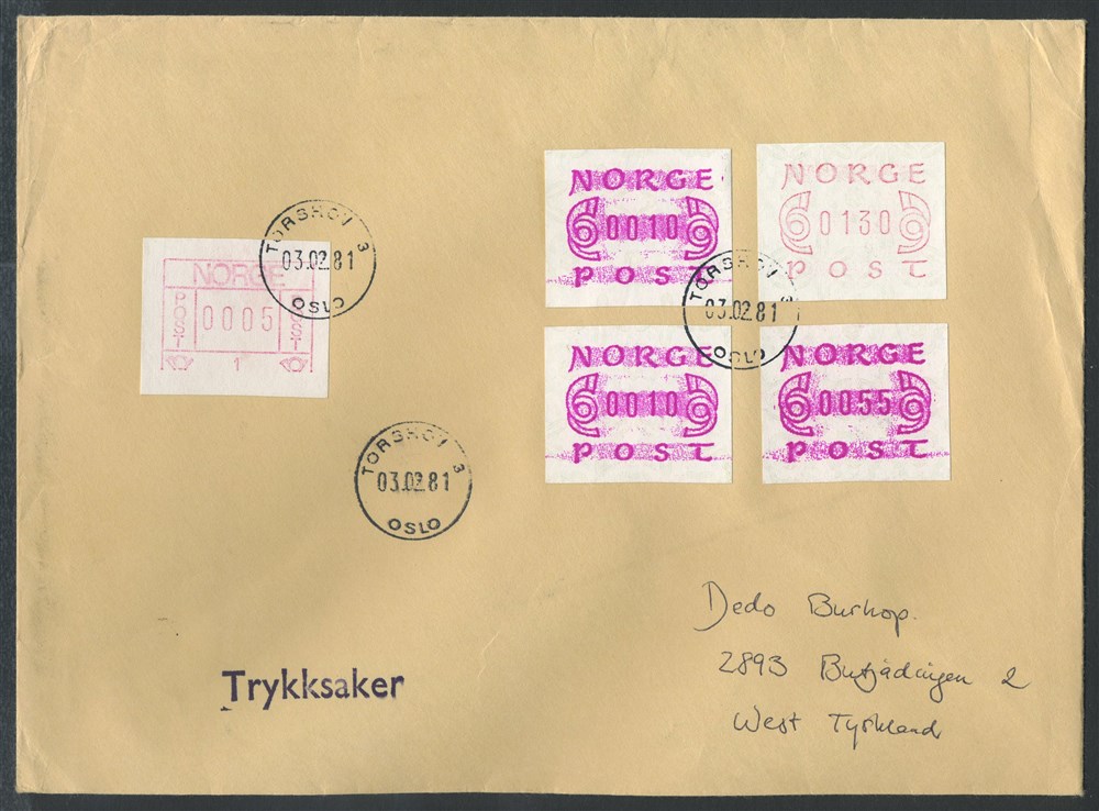 Norway ATM: 01.1bx, 02a/b. 005 ø, TORSHOV 3/OSLO, VAR.