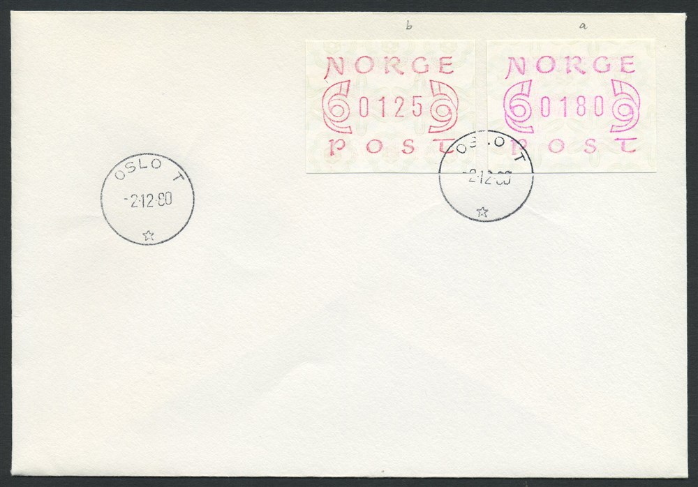 Norway ATM: 02a/b. FDC 0180 and 0125 ø, cover OSLO T/*