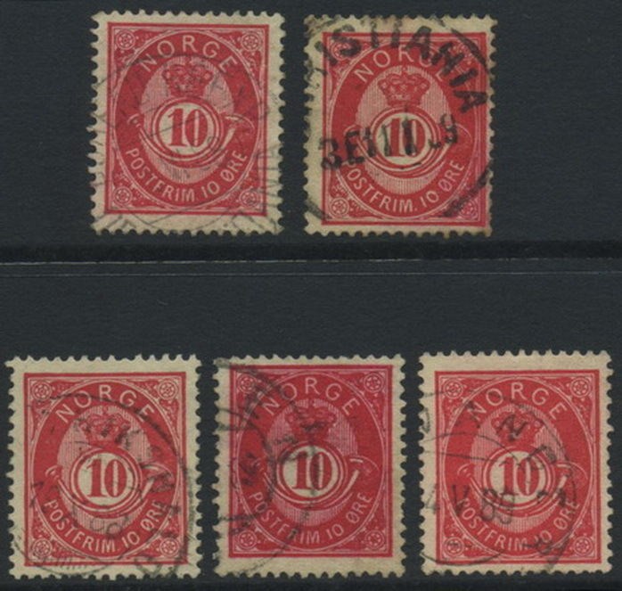 NK 0053 IIIa. 10 ø 1887 set of 5 types #2 (incl. t.4a).  Fu/vfu. (SK 155,-)