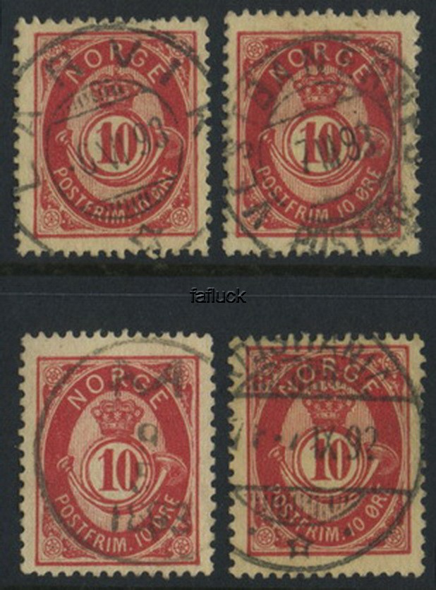 NK 0053 VI. 10 ø 1892, 4 wmk.pos., #1 All with beautiful canc.