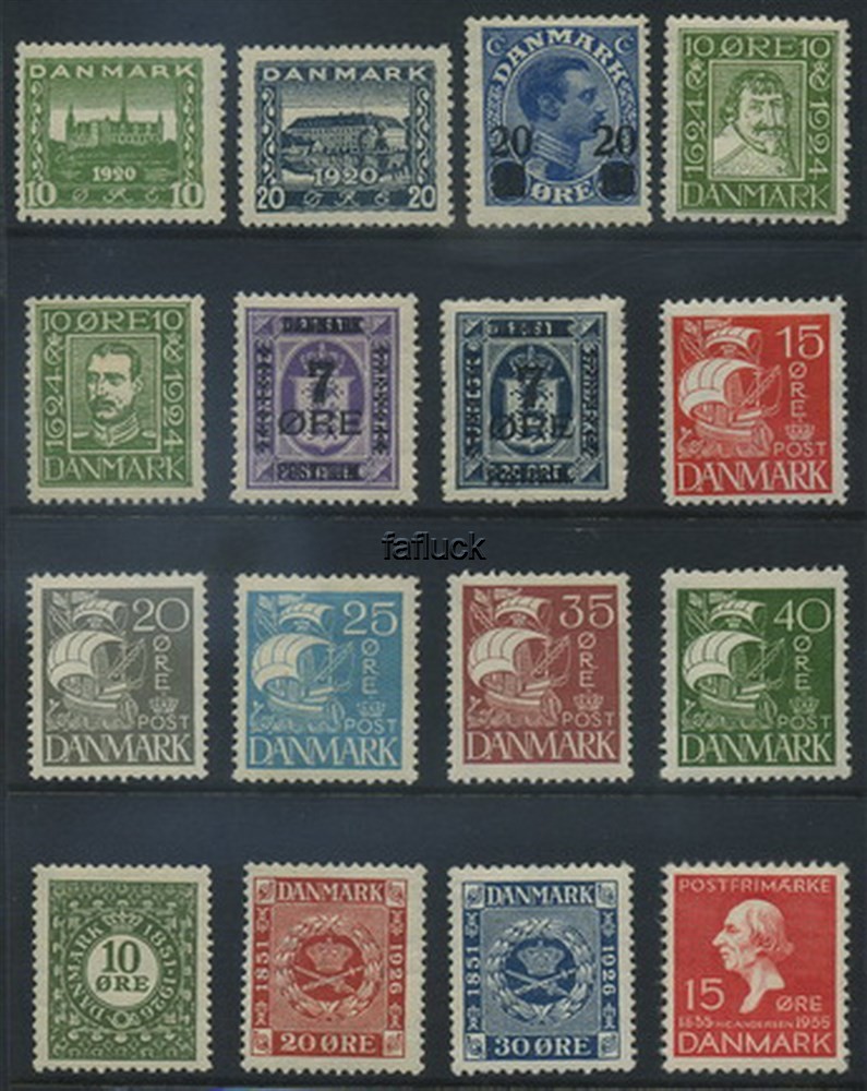 Denmark stamps: 0113/226. * Lot 16 stamps 1920-1935 Nos. 113,115,134-35,153-56,