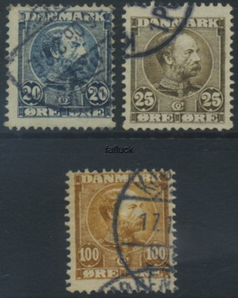 Denmark stamps: 0048-49,51. 20, 25, and 100 oe Chr.IX 1904.  (AFA 450)