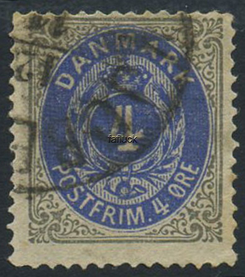 Denmark stamps: 0023ao. 4 oe grey/ultramarine, INV.WMK!