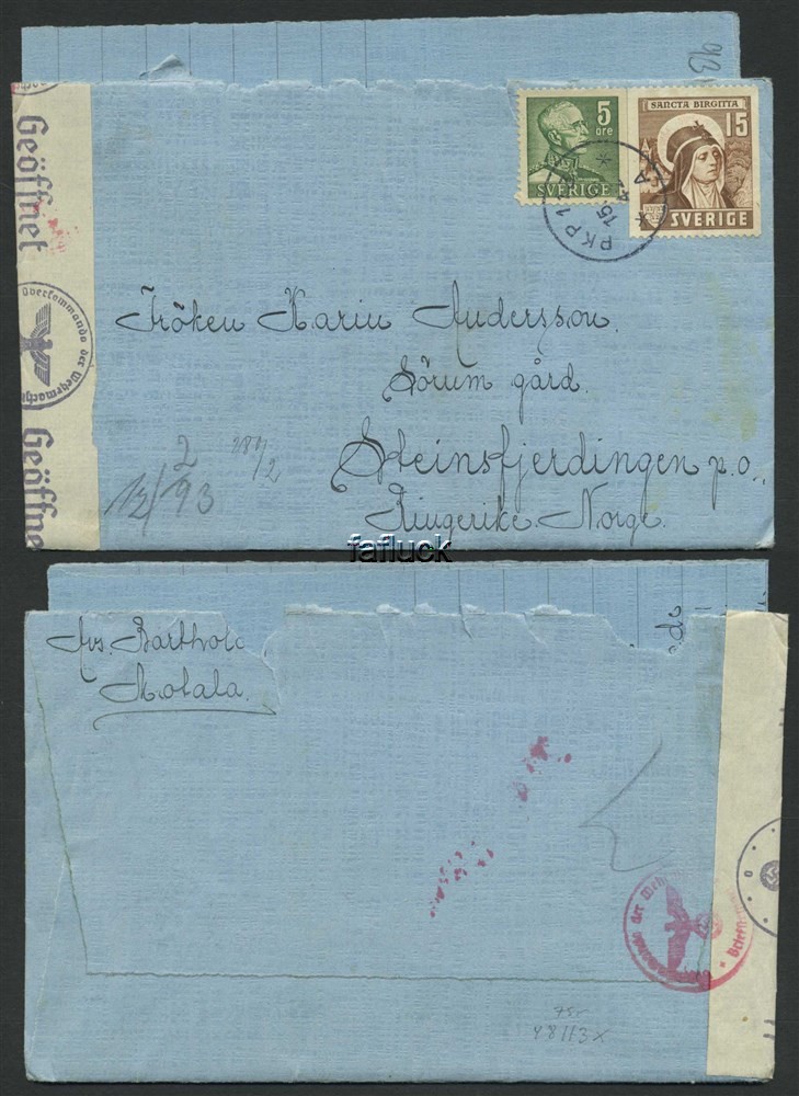 Norway war mail 05: From Sweden 1942.06.15, censored