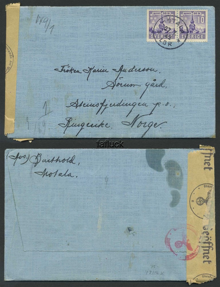 Norway war mail 05: From Sweden 1942.07.27, censored