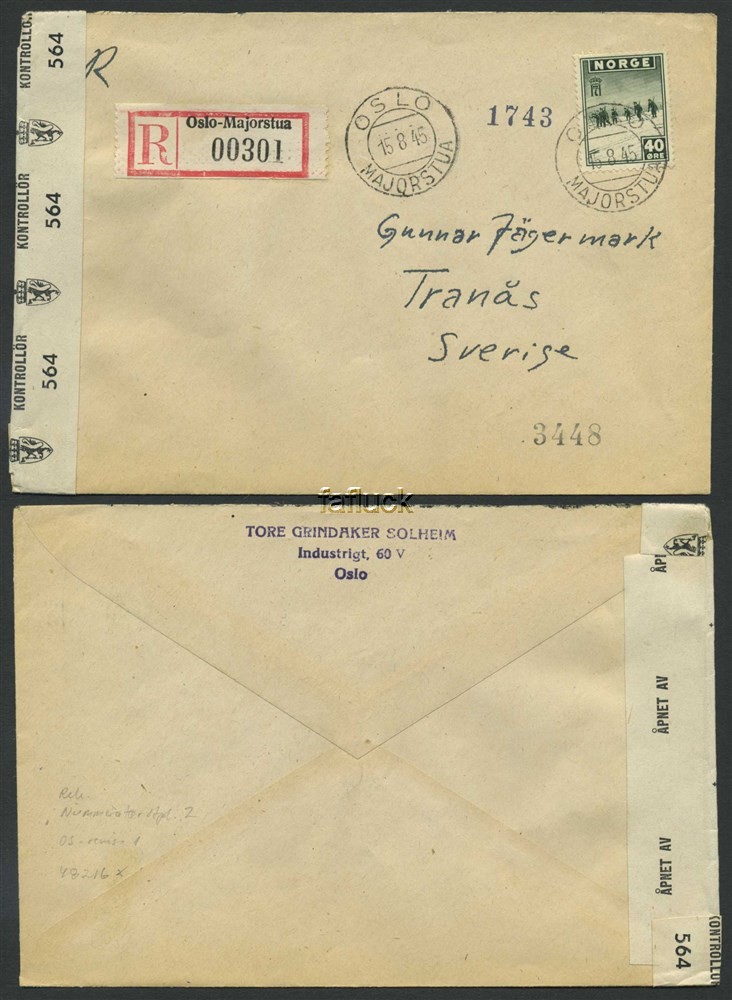 Norway war mail 07: Kontrolloer 564. OSLO/MAJORSTUA 194