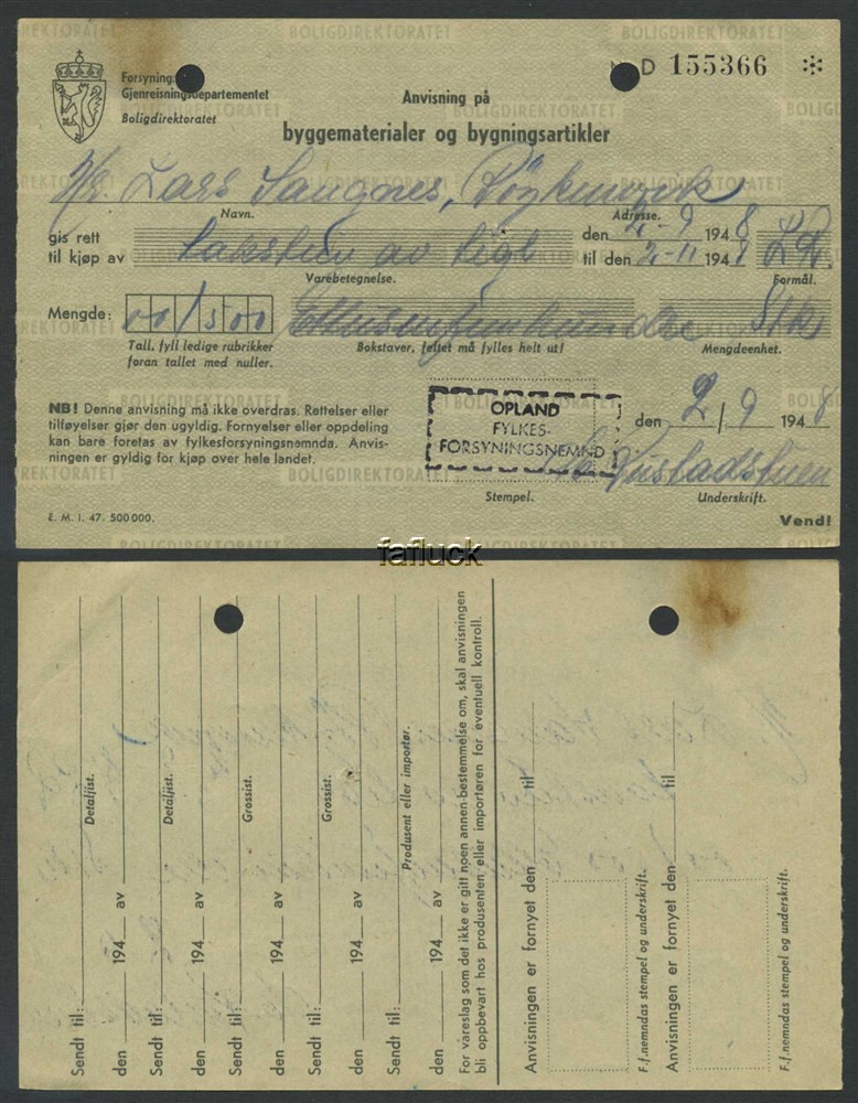 Norway war mail 11: Allotment of building materials -47