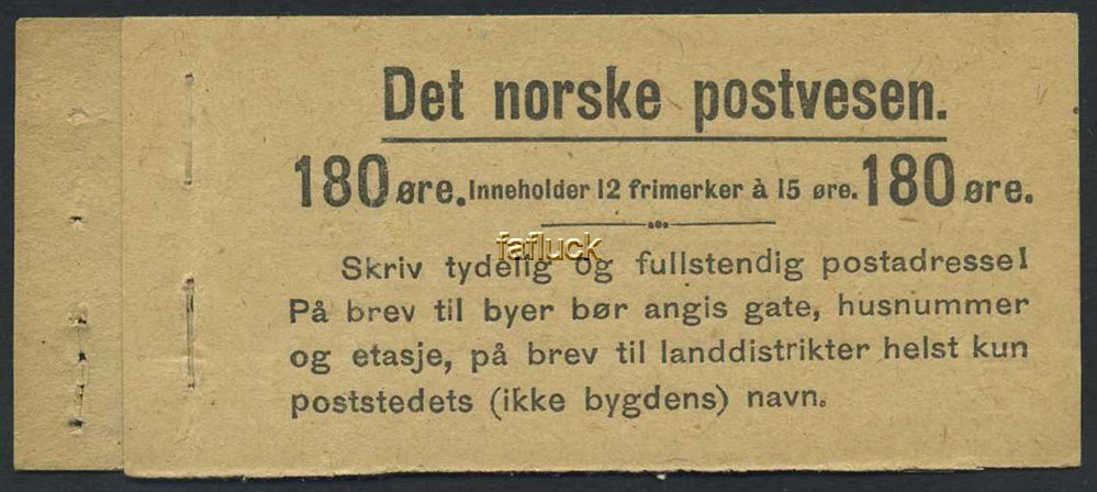Norway booklet covers: FH 011. 180 øre, 1919.  Booklet covers without stamps.