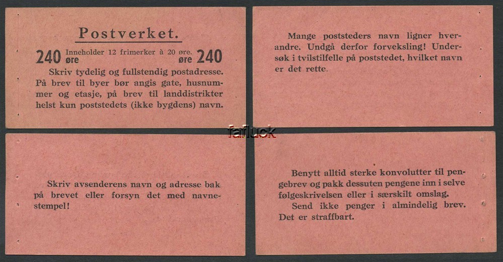Norway booklet covers: FH 018 IIdd. 240 øre, 1940.  Booklet covers without