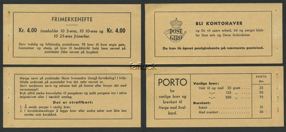 Norway booklet covers: FH 021. Kr. 4,00, 1946.  Booklet covers without stamps.