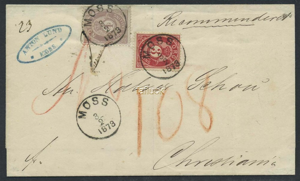 Norway covers: NK 0018b,19 Ic. MOSS 1873.02.03. Reg.