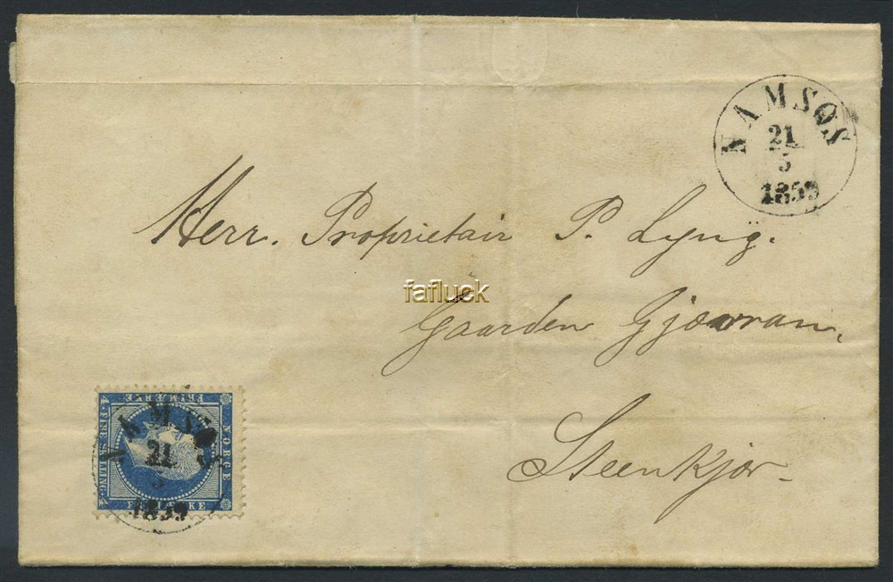 Norway covers: NK 0004a. NAMSOS 21.5.1859. Cover addr.