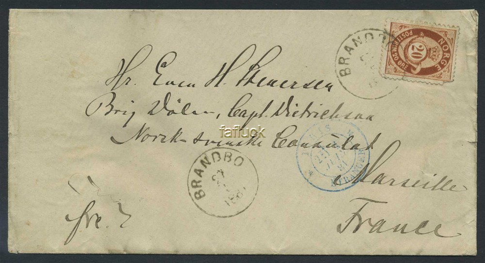 Norway covers: NK 0027. BRANDBO 27.5.1881 to France.